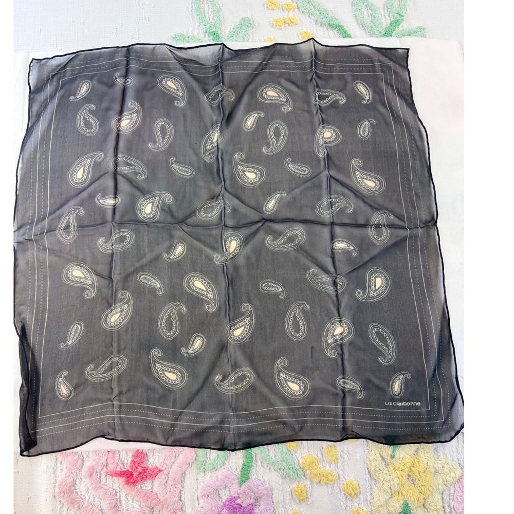 Liz Claiborne‎ Black Sheer Paisley Square Scarf Neckerchief 20.5 Inch